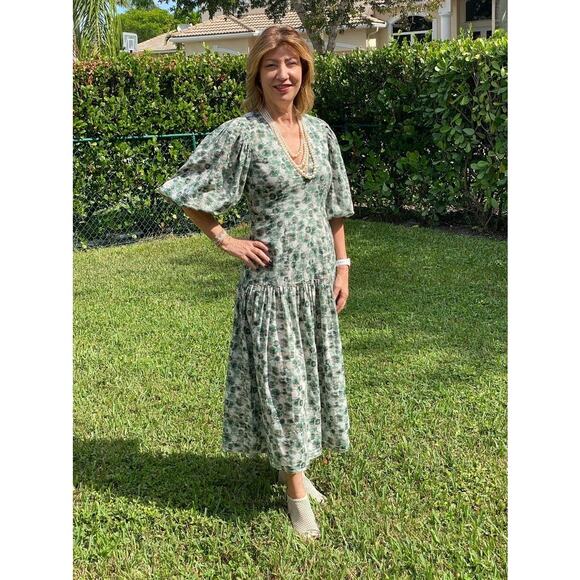 MARYSIA Green White Floral Printed 100% Cotton Drop Waist Imperialis Dress M - Picture 13 of 16